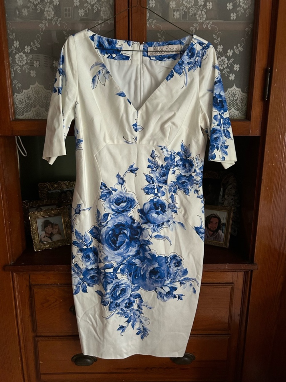 Lela Rose Cream Midi V-Neck Dress with Blue Floral Print